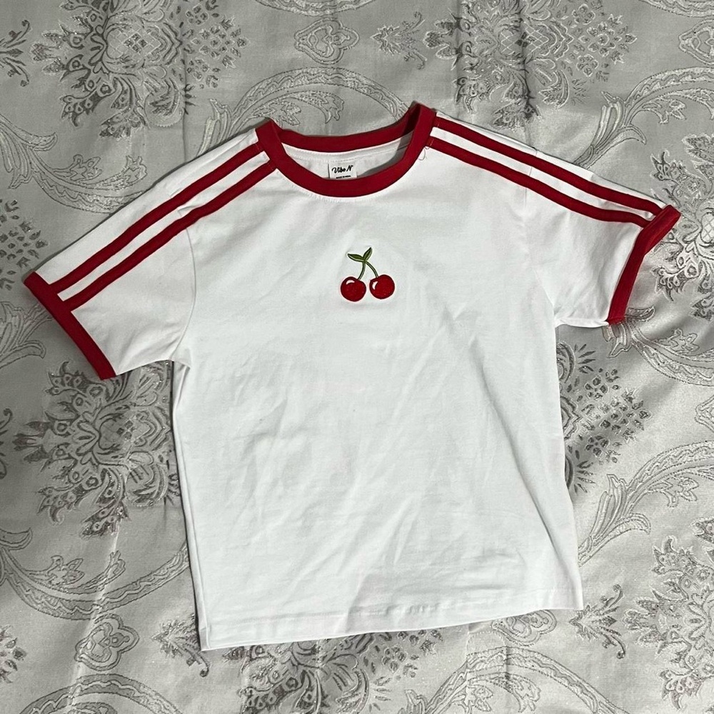White T-Shirt with Red Stripes and Cherry Embroidery